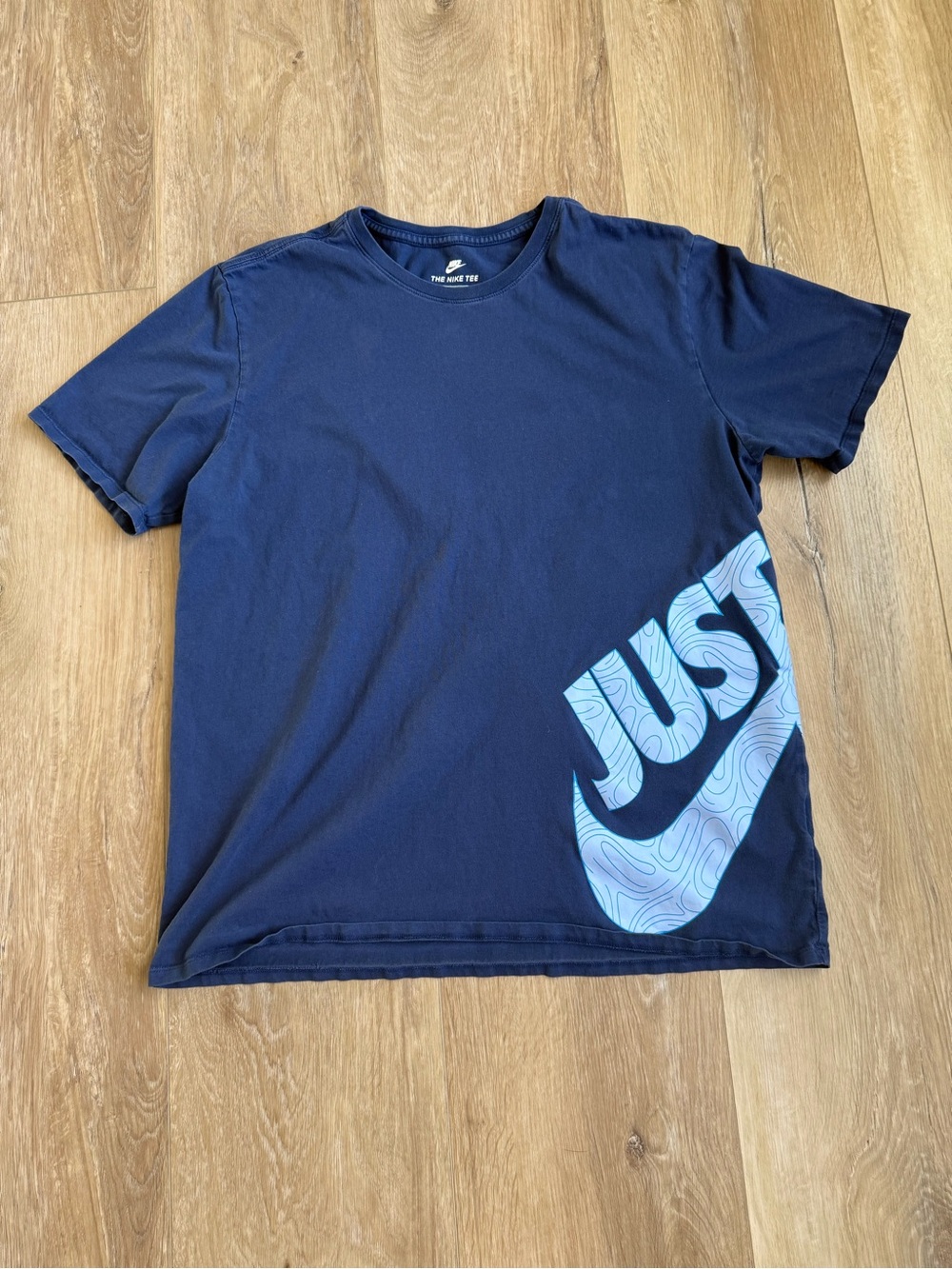 Nike Men’s Navy Blue Tee with Light Blue 'Just Do It' Swoosh Graphic